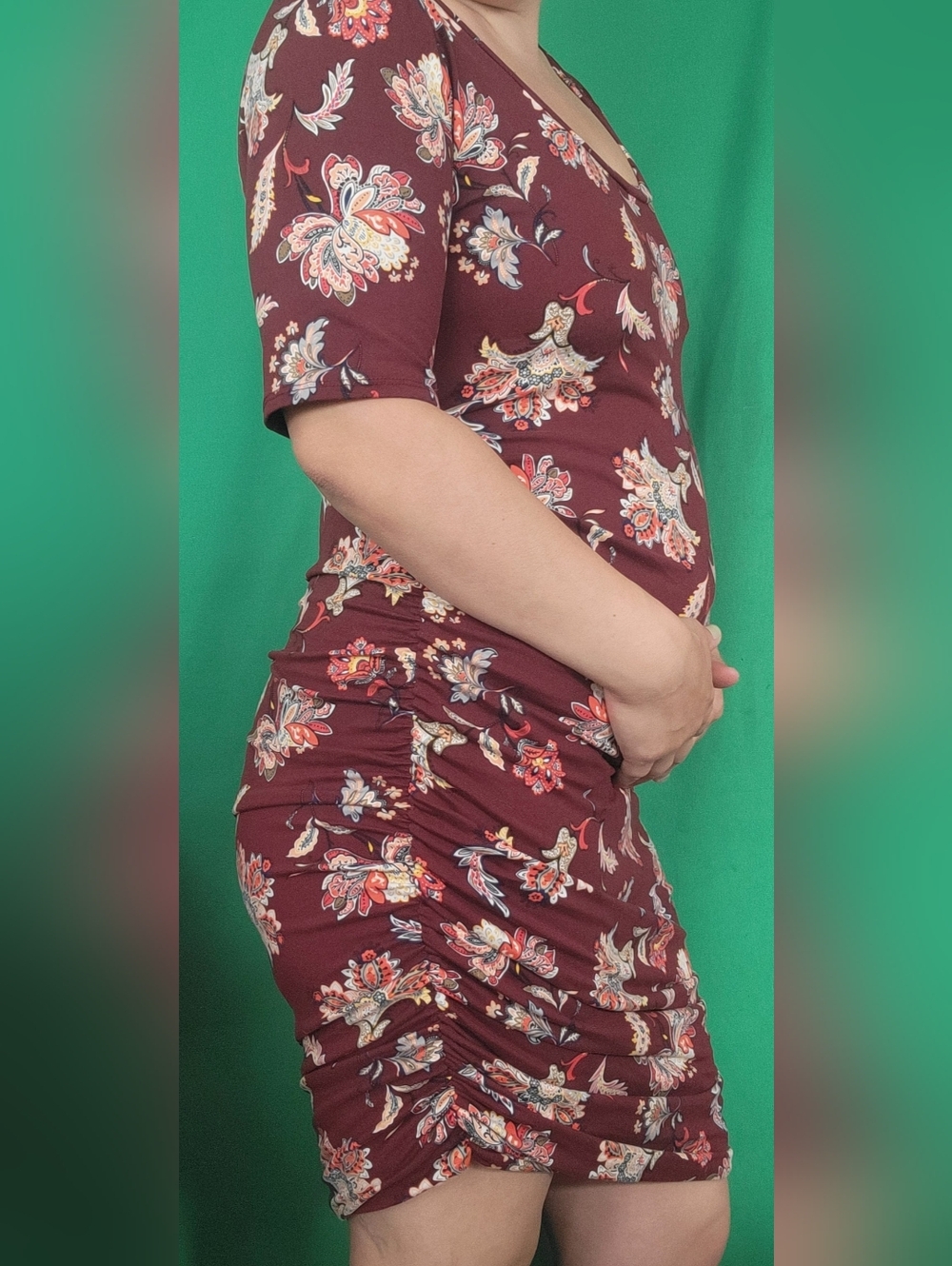 Womens Burgundy Floral Scoop-Neck Dress Mother bee Maternity Stretchy Large Midi
